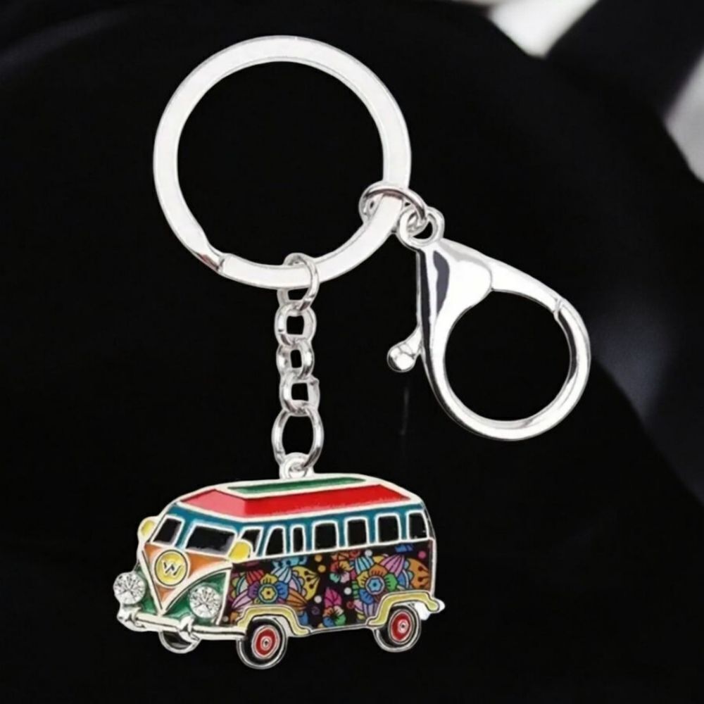 Hippie Van Party Bus Keyring Novelty Key Ring Bag Backpack Clip Gift Keychain